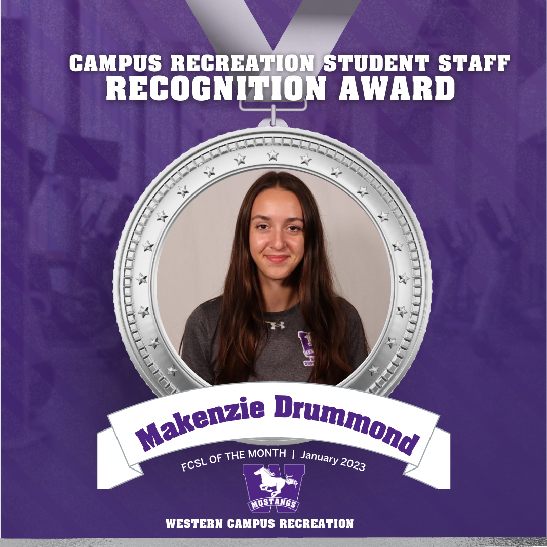 Head shot of Makenzie Drummond inside a silver medal graphic with a mustangs purple background